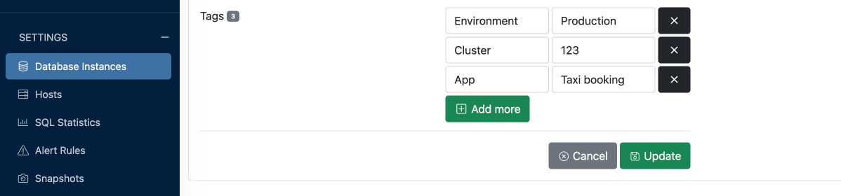 Setting tags for an instance can be done through the settings screen which you can access via the cog icon in the top right.